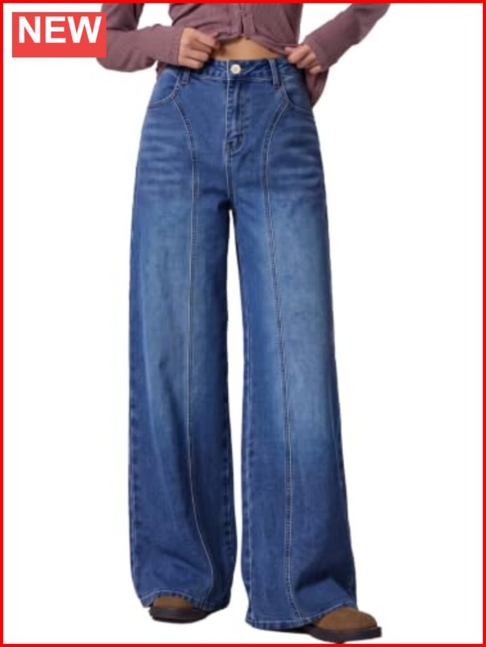 Wide Leg High Waisted Jeans Seam Front Stretch Denim Pants